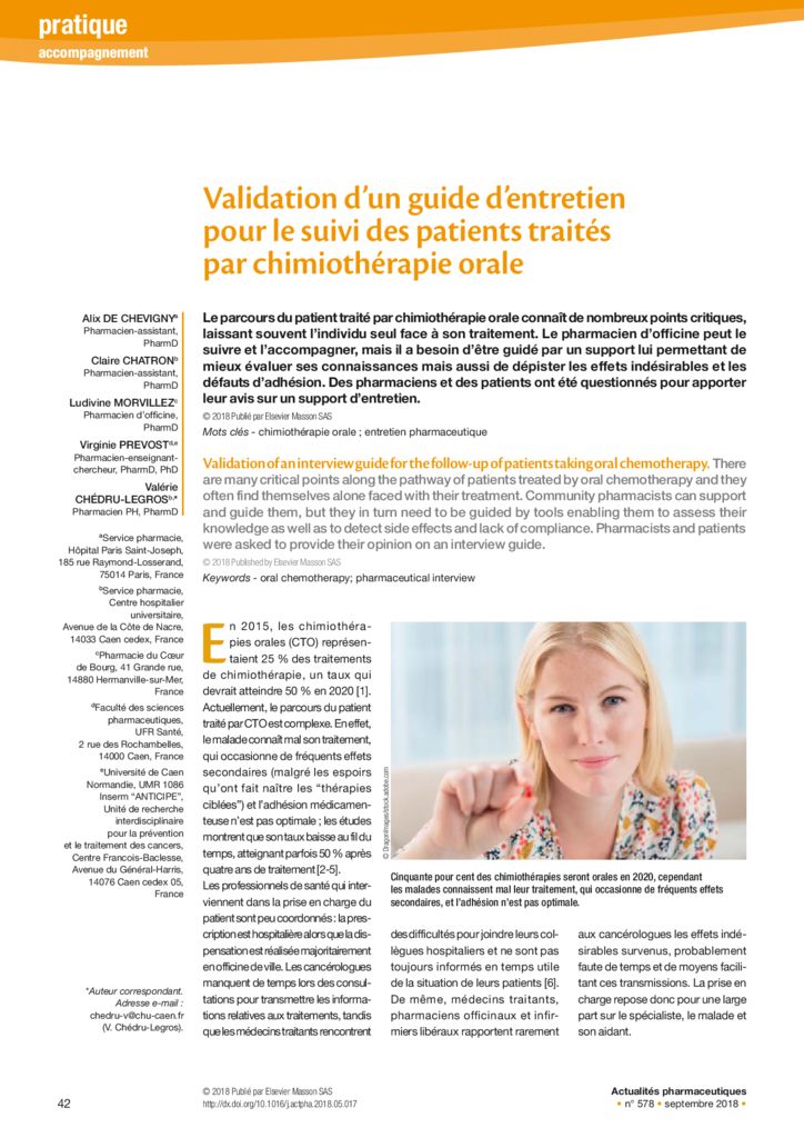 thumbnail of Article Guide d’entretien pour le suivi des patients traités par chimio orale
