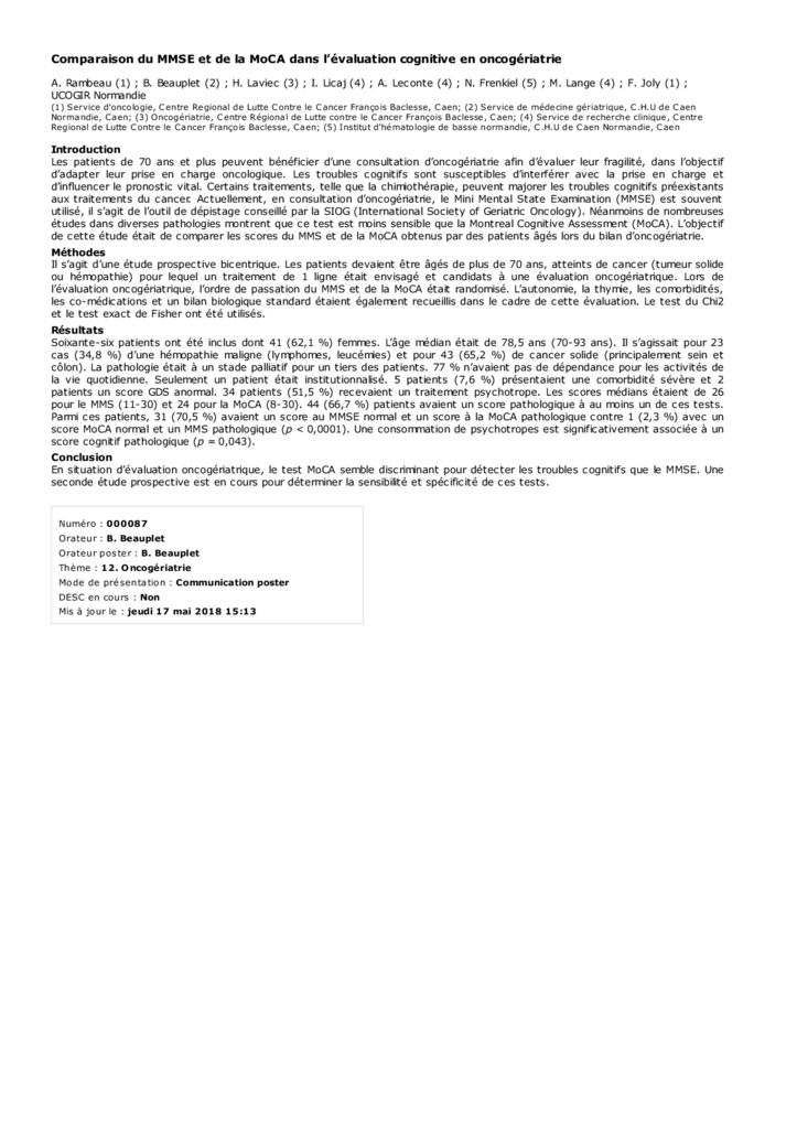 thumbnail of Comparaison de MMSE et de la MOCA dans l’évaluation cognitive en oncogériatrie