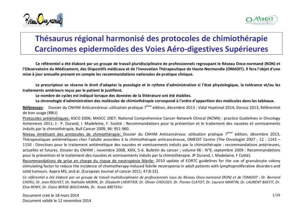 thumbnail of Thésaurus régional harmonisé des protocoles de chimiothérapie Carcinomes épidermoïdes de VADS