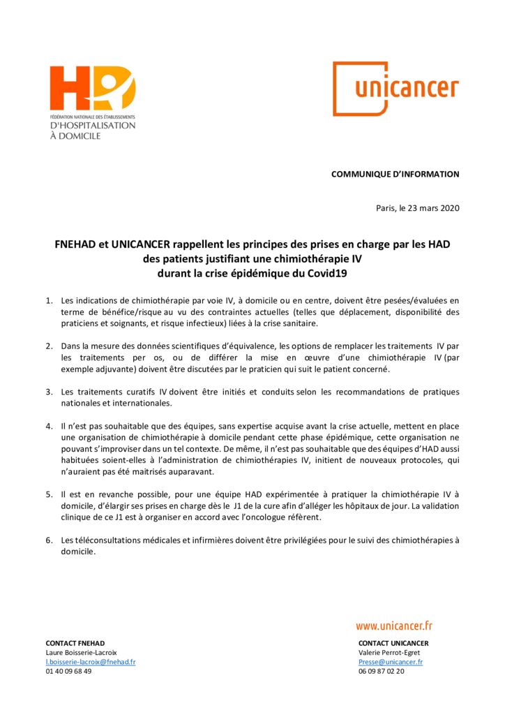 thumbnail of FNEHAD et UNICANCER rappellent les principes des prises en charge par les HAD