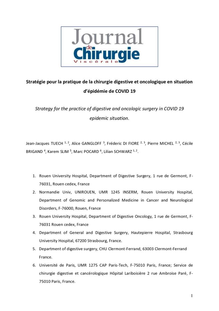 thumbnail of Journal de chirurgie viscerale – Stratégie pour la pratique de la chirurgie digestive et oncologique en situation d’épidémie de COVID 19