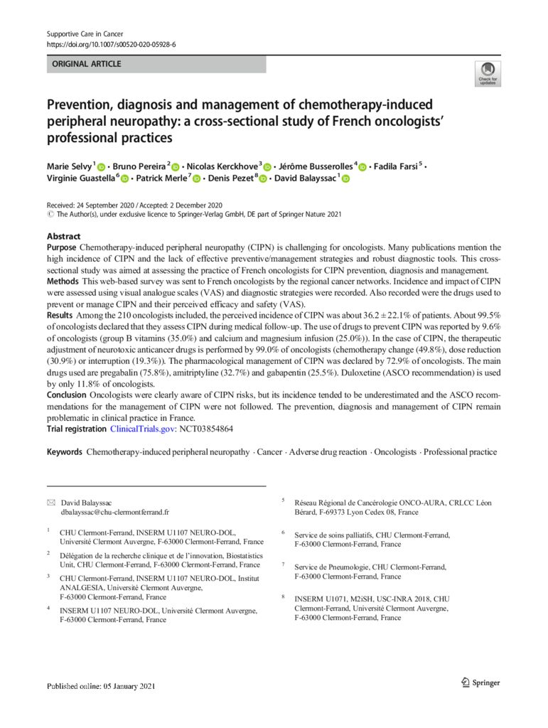 thumbnail of Prevention, diagnosis and management of chemotherapy-induced peripheral neuropathy a cross-sectional study of French oncologists’ professional practices